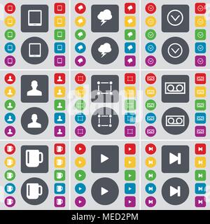 Tablet PC, Blitz, Pfeil abwärts, Avatar, Rahmen, Kassette, Tasse, Medien spielen, Medien überspringen Symbol. Eine große Auswahl an flache, farbige Schaltflächen für Ihre desi Stock Vektor