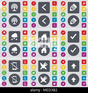 Wlan, Pfeil links, Bleistift, Cloud, Haus, Tick, Smartphone, Gabel und Messer, Pfeil nach oben Symbol. Eine große Auswahl an flache, farbige Schaltflächen für Ihre Konstruktion. Stock Vektor