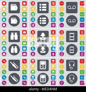 Brieftasche, Liste, Kassette, Fernglas, Avatar, Negative Filme, Mikrofonanschluss, Player, Kopfhörer Symbol. Eine große Auswahl an flache, farbige Schaltflächen Stock Vektor