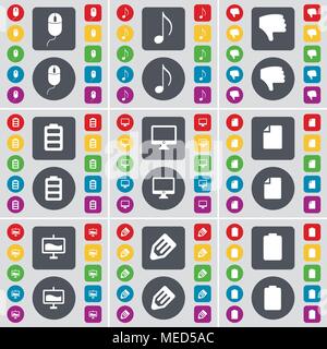 Maus, Hinweis, Abneigung, Batterie, Monitor, Datei, Grafik, Bleistift Symbol. Eine große Auswahl an flache, farbige Schaltflächen für Ihre Konstruktion. Vector Illustration Stock Vektor