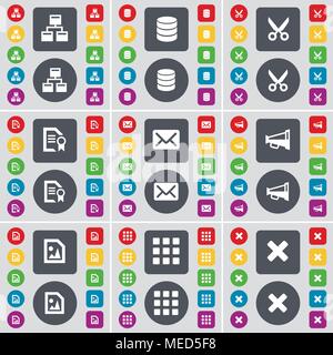 Netzwerk-, Datenbank-, Schere, Datei, Nachricht, Megaphon, Apps, Stop Symbol. Eine große Auswahl an flache, farbige Schaltflächen für Ihre Konstruktion. Vektor illustrati Stock Vektor
