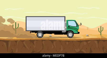 Lkw, die auf der Straße auf Wüste mit Kakteen als Hintergrund Vector Graphic illustration Stockfoto