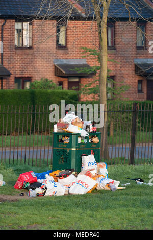 Überquellenden Abfallbehälter in South Park nach einem sonnigen Tag. Oxford, Oxfordshire, England Stockfoto