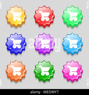 Warenkorb Symbol unterzeichnen. Symbol auf neun Wellig farbige Schaltflächen. Vector Illustration Stock Vektor