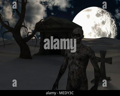 Walking Dead in den gruseligen Nacht in der Nähe einer Krypta - 3D-Rendering Stockfoto