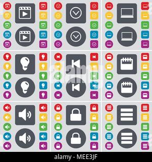 Media Player, Pfeil nach unten, Laptop, Glühbirne, Medien überspringen, Kalender, Sound, Schloss, Apps Symbol. Eine große Auswahl an flache, farbige Schaltflächen für Ihre Desig Stock Vektor