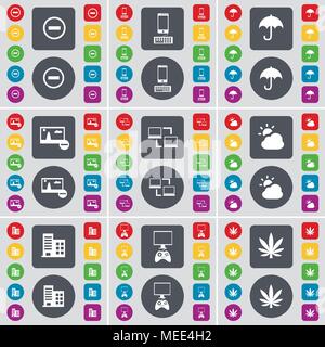 Minus, Smartphone, Regenschirm, Bild, Verbindung, Cloud, Gebäude, Spielekonsole, Marihuana Symbol. Eine große Auswahl an flache, farbige Schaltflächen für Ihre Stock Vektor