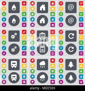 Feuer, Haus, Mail, Gang, Umfrage, Laden, Lkw, Cloud, Firtree Symbol. Eine große Auswahl an flache, farbige Schaltflächen für Ihre Konstruktion. Vector Illustration Stock Vektor