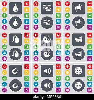 Drop, Hubschrauber, Megaphon, Maus, Yin-Yang, Megaphon, Magnet, Sound, Globus Symbol. Eine große Auswahl an flache, farbige Schaltflächen für Ihre Konstruktion. Vecto Stock Vektor