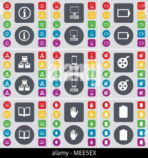 Informationen, PC, Akku, Netz, Smartphone, Videoband, Buch, Hand, Batterie Symbol. Eine große Auswahl an flache, farbige Schaltflächen für Ihre Konstruktion. Vecto Stock Vektor