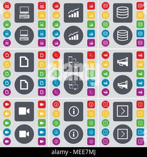 Laptop-, Diagramm-, Datenbank-, Datei-, Verbindungs-, Megaphon, Kamera, Information, Pfeil rechts das Symbol Symbol. Eine große Auswahl an flache, farbige Schaltflächen für Ihre Stock Vektor