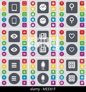 Tablet PC, Uhr, Checkpoint, Vision, Zeitung, Herz, Apps, Mikrofon, Bett- Tisch Symbol. Eine große Auswahl an flache, farbige Schaltflächen für Ihre Konstruktion. Stock Vektor