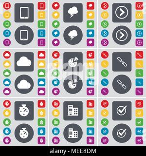 Tablet PC, Blitz, Pfeil rechts, Cloud, Pizza, Link, Stoppuhr, Gebäude, markieren das Symbol. Eine große Auswahl an flache, farbige Schaltflächen für Ihre Konstruktion. Ve Stock Vektor