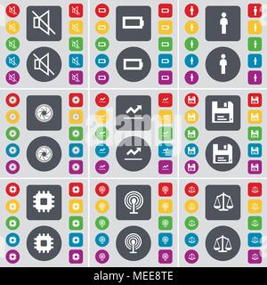 Stummschaltung, Akku, Silhouette, Linse, Graph, Diskette, Prozessor, Wlan, Waage Symbol. Eine große Auswahl an flache, farbige Schaltflächen für Ihre Konstruktion. Vektor krank Stock Vektor