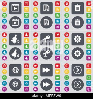 Media Player, ZIP-Datei, Papierkorb, Bell, Mikrofon, Gang, Web Cursor, Zurückspulen, Pfeil rechts das Symbol Symbol. Eine große Auswahl an flache, farbige Schaltflächen für Ihre Stock Vektor