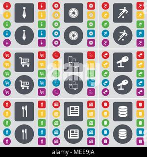 Riegel, Linse, Fußball, Warenkorb, Anschluss, Mikrofon, Messer und Gabel, Zeitung, Datenbank Symbol. Eine große Auswahl an flache, farbige Schaltflächen für Stock Vektor
