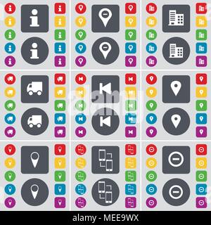 Informationen, Checkpoint, Gebäude, Lkw, Medien überspringen, Checkpoint, Verbindung, Minus Symbol. Eine große Auswahl an flache, farbige Schaltflächen für Ihre Konstruktion. Stock Vektor