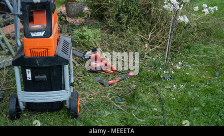 Ein Mann in den Garten ist mit Holz- Filialen in der Maschine zum Zerkleinern. Nahaufnahme Stockfoto