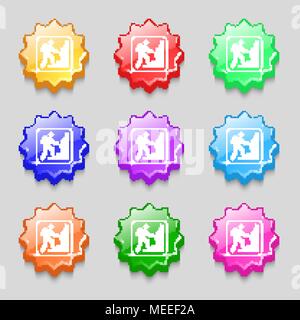 Klettern Symbol unterzeichnen. Symbol auf neun Wellig farbige Schaltflächen. Vector Illustration Stock Vektor