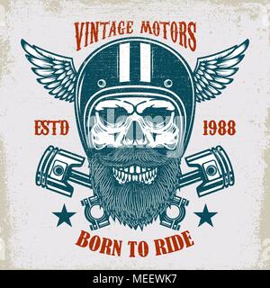 Vintage Motoren. Schwer fahren. Vintage racer Schädel in geflügelten Helm Abbildung auf grunge Hintergrund. Design Element für Poster, Emblem, Zeichen, t shirt. V Stock Vektor