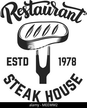 Ein Steak House. Fleisch Fleisch geschnitten und gekreuzten Hackmesser. Design Element für Logo, Label, Emblem. Vector Illustration Stock Vektor