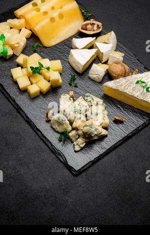 Verschiedene Arten von Käse-Brie, Camembert, Roquefort und Cheddar auf Beton Stockfoto