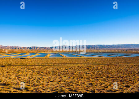 Windmühlen Farm und Stauseen entlang einer Landstraße in Mojave Wüste Stockfoto