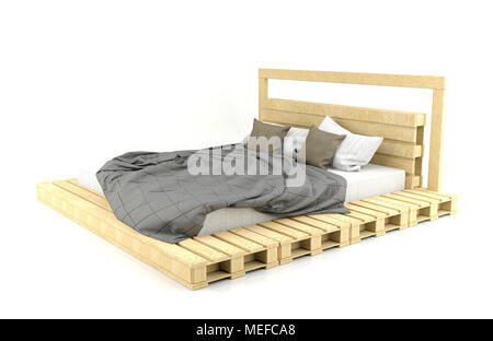 Moderne und Loft Design Bett aus Holz auf weißem Hintergrund Stockfoto