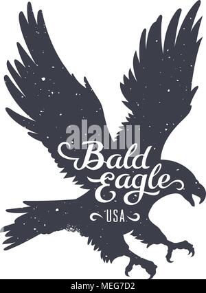 Grunge texturierte Weißkopfseeadler Silhouette und handschriftlichen Aufschrift "Bald Eagle USA'/Vector Illustration in Hipster style/T-shirt Grafiken Stock Vektor