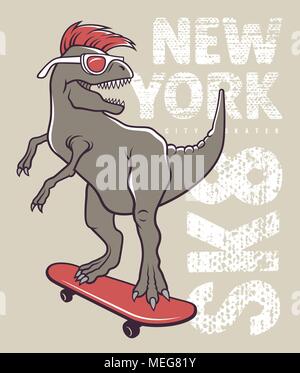 Dinosaurier reiten auf Skateboard. Vector Illustration eines lustigen Tyrannosaurus mit Sonnenbrille. Skateboard Typografie für t-shirt. T-Stück Grafiken Stock Vektor