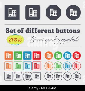 Hochhaus Gebäude und Wohnungen Symbol zeichen Große bunte, vielfältige, hochwertige Tasten. Vector Illustration Stock Vektor