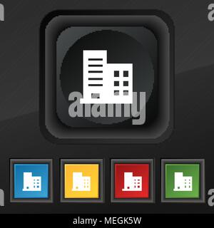 Hochhaus Gebäude und Wohnungen Symbol. Satz von fünf bunte, stilvolle Tasten auf schwarze Textur für Ihr Design. Vektor Stock Vektor
