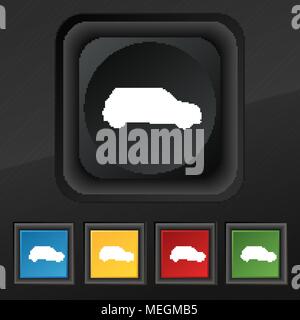 Jeep Symbol. Satz von fünf bunte, stilvolle Tasten auf schwarze Textur für Ihr Design. Vector Illustration Stock Vektor