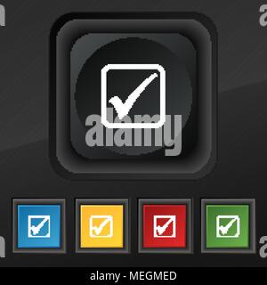 Ein Symbol mit einem Häkchen Symbol. Satz von fünf bunte, stilvolle Tasten auf schwarze Textur für Ihr Design. Vector Illustration Stock Vektor