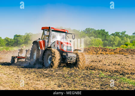Roter Traktor fahren durch Arbeitnehmer während der Feldarbeit auf dem Ackerland im Sommer in Szalsza, Schlesischen Hochland, Polen. Stockfoto