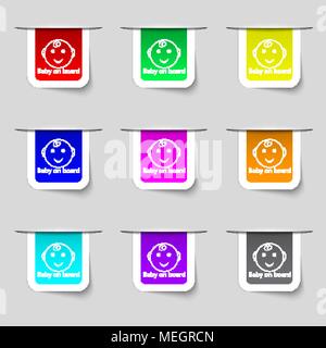 Baby an Bord Schild Symbol. In dem Auto Achtung Symbol für Kleinkinder. Satz von farbigen Tasten. Vector Illustration Stock Vektor