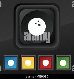 Bowling Spiel, Ball Symbol. Satz von fünf bunte, stilvolle Tasten auf schwarze Textur für Ihr Design. Vector Illustration Stock Vektor