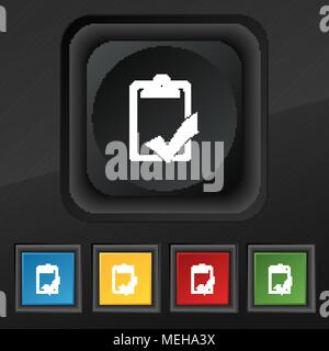 Dokument Grammatik Kontrolle, Prüfung, arbeiten komplette Symbol. Satz von fünf bunte, stilvolle Tasten auf schwarze Textur für Ihr Design. Vector Illustration Stock Vektor