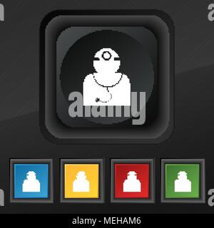 Doktor mit Stethoskop um den Hals Symbol. Satz von fünf bunte, stilvolle Tasten auf schwarze Textur für Ihr Design. Vector Illustration Stock Vektor