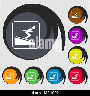 Skifahrer zeichen Symbol. Symbole auf acht farbigen Tasten. Vector Illustration Stock Vektor