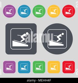 Skifahrer Symbol unterzeichnen. Um ein Set mit 12 farbigen Tasten. Flache Bauform. Vector Illustration Stock Vektor