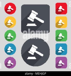 Richter oder Auktion hammer Icon Anmelden. Um ein Set mit 12 farbigen Tasten und einen langen Schatten. Flache Bauform. Vector Illustration Stock Vektor