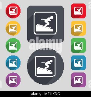 Skifahrer Symbol unterzeichnen. Um ein Set mit 12 farbigen Tasten und einen langen Schatten. Flache Bauform. Vector Illustration Stock Vektor