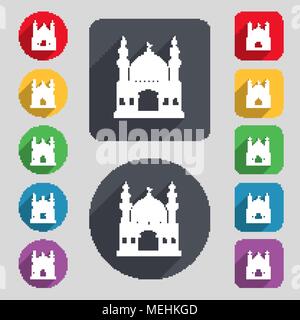 Türkische Architektur, Moschee Symbol unterzeichnen. Um ein Set mit 12 farbigen Tasten und einen langen Schatten. Flache Bauform. Vector Illustration Stock Vektor