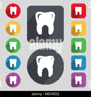 Zahn Symbol unterzeichnen. Um ein Set mit 12 farbigen Tasten und einen langen Schatten. Flache Bauform. Vector Illustration Stock Vektor