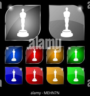 Oscar statuette Symbol unterzeichnen. Set aus 10 farbigen Buttons mit Blendschutz. Vector Illustration Stock Vektor