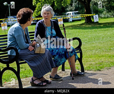 Zwei alte Frauen sitzen auf einer Bank reden Canones Park, Harrow, London. Einer hält einen blühenden Spazierstock. Stockfoto