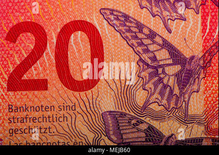 Schweizer Banknoten - eine Sammlung von alten und neuen 20 Noten. Bargeld. Stockfoto