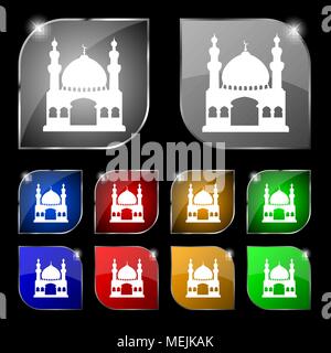 Türkische Architektur, Moschee Symbol unterzeichnen. Set aus 10 farbigen Buttons mit Blendschutz. Vector Illustration Stock Vektor