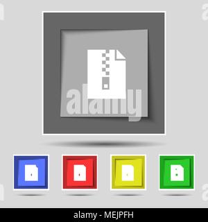 Computer zip-Ordner, Archiv Symbol Zeichen auf der ursprünglichen fünf farbigen Tasten. Vector Illustration Stock Vektor